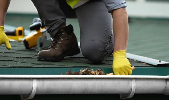 a worker cleaning a gutter