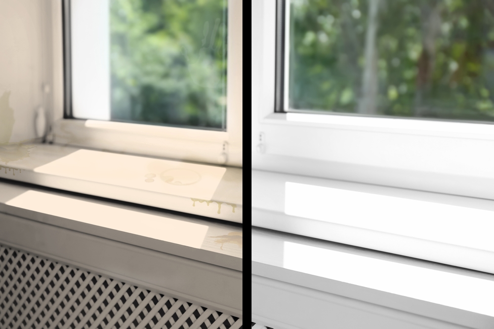 before and after comparison of a dirty and clean windowsill