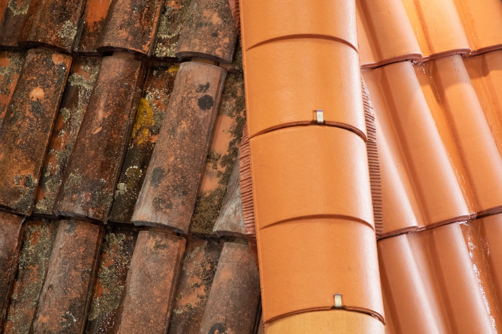 close-up of roof tiles showing a section cleaned and a section covered in dirt and moss
