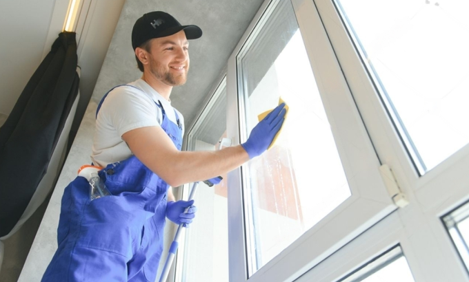 man in blue coveralls cleaning a window with a cloth